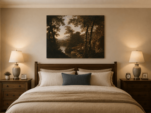 Forest river oil painting with dogs displayed as landscape wall decor.