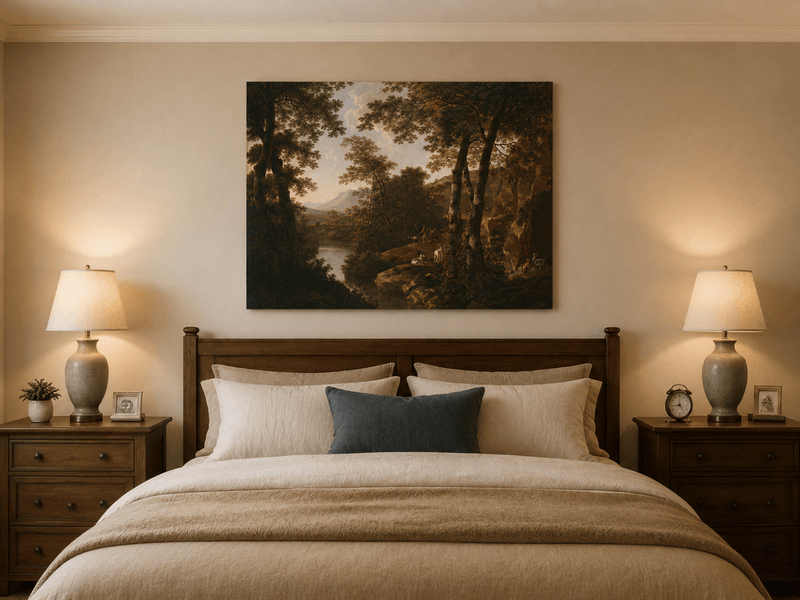 Forest river oil painting with dogs displayed as landscape wall decor.