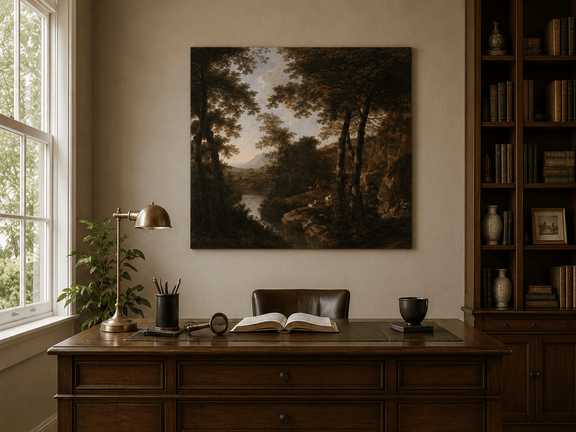 Interior wall art view featuring a forest river landscape with dogs oil painting.