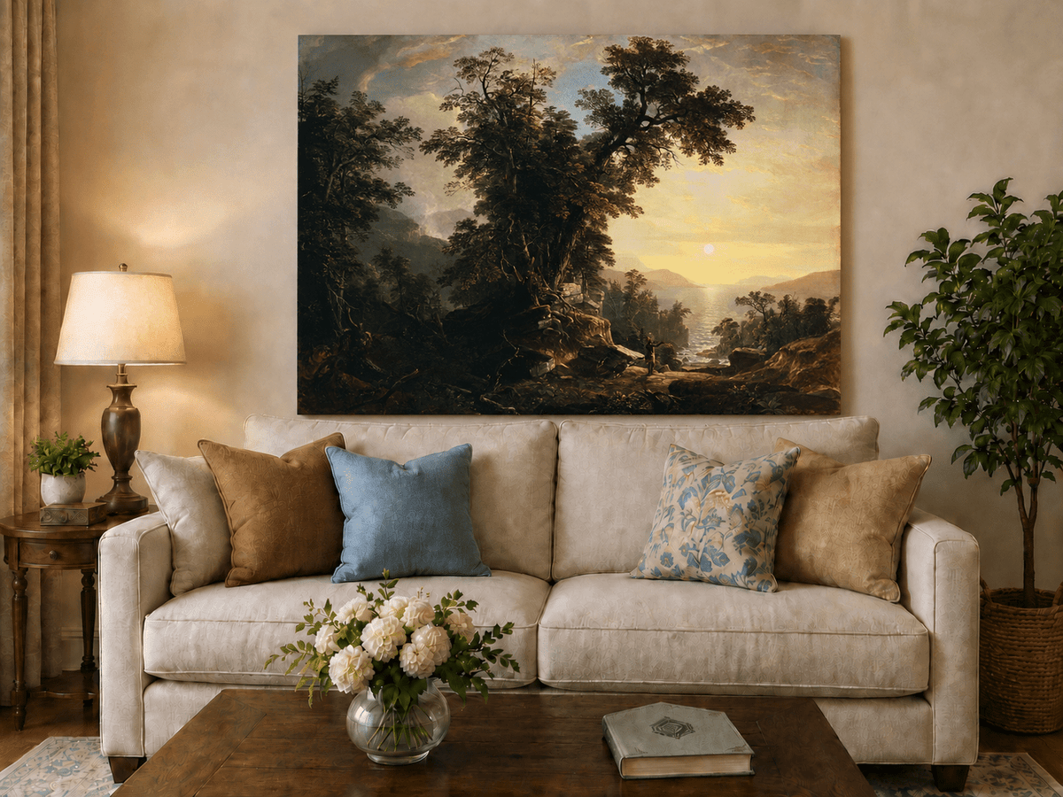 Landscape Oil Painting - Forest River Sunset with Native Figure