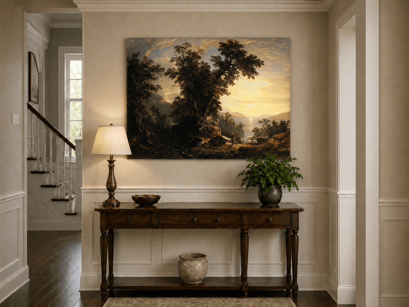 Landscape Oil Painting - Forest River Sunset with Native Figure
