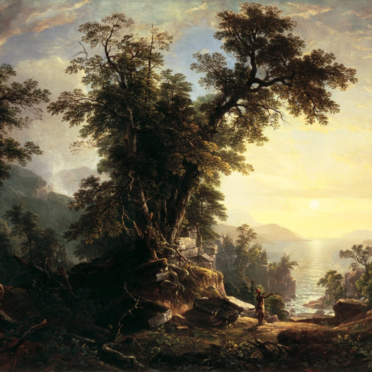 Landscape Oil Painting - Forest River Sunset with Native Figure - Oil Painting Haven