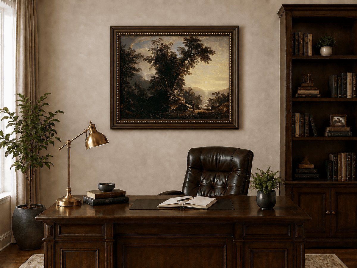 Landscape Oil Painting - Forest River Sunset with Native Figure