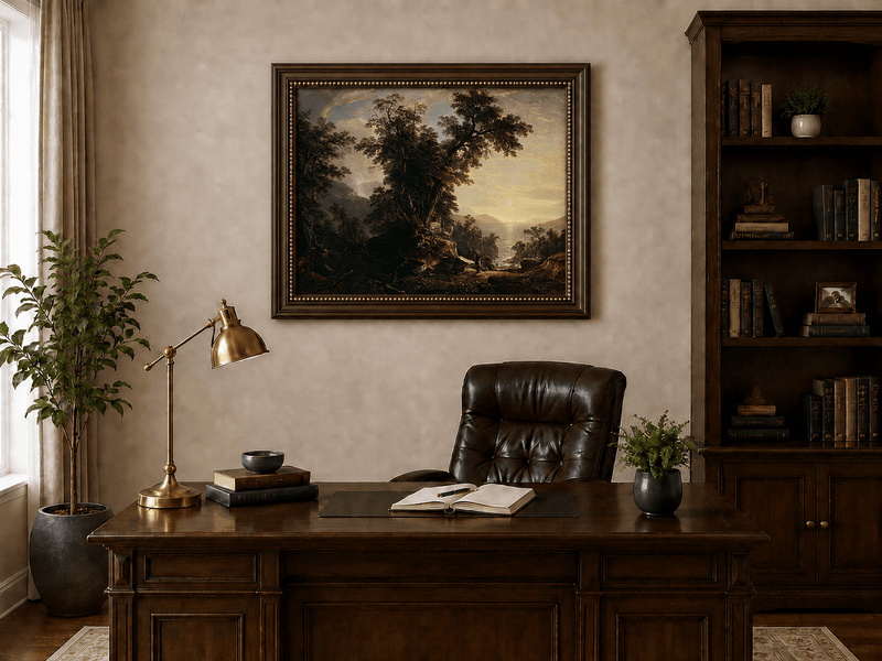 Landscape Oil Painting - Forest River Sunset with Native Figure
