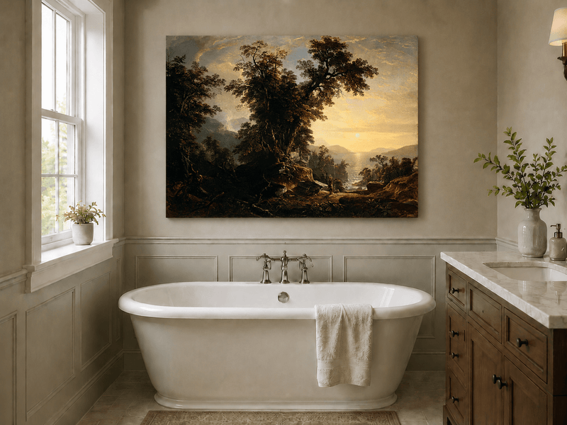 Landscape Oil Painting - Forest River Sunset with Native Figure