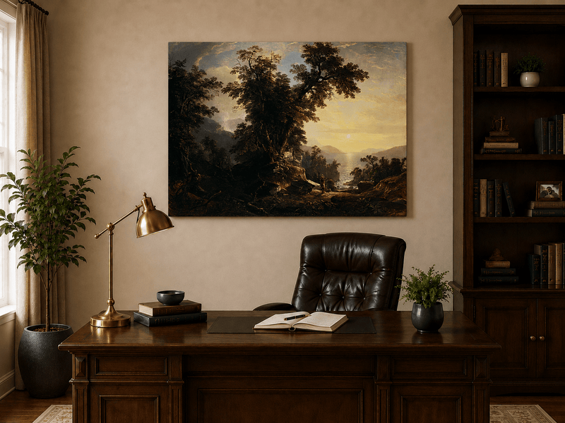 Landscape Oil Painting - Forest River Sunset with Native Figure