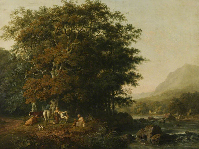 Hand-painted forest river with cows and mountain view landscape oil painting on canvas