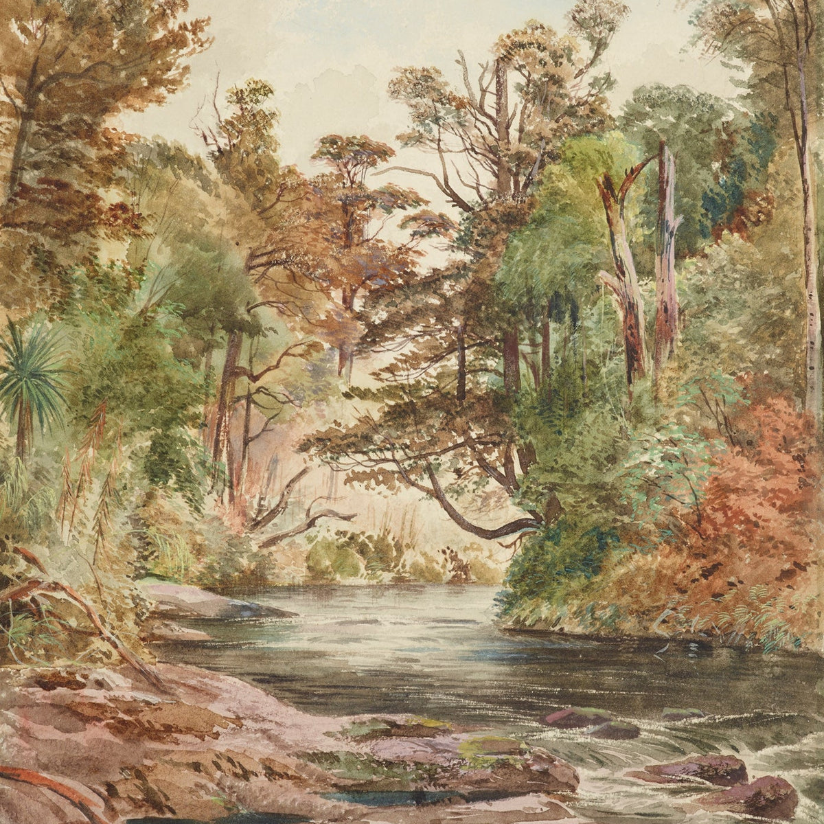 Hand-painted forest river with ferns and rocks landscape oil painting on canvas