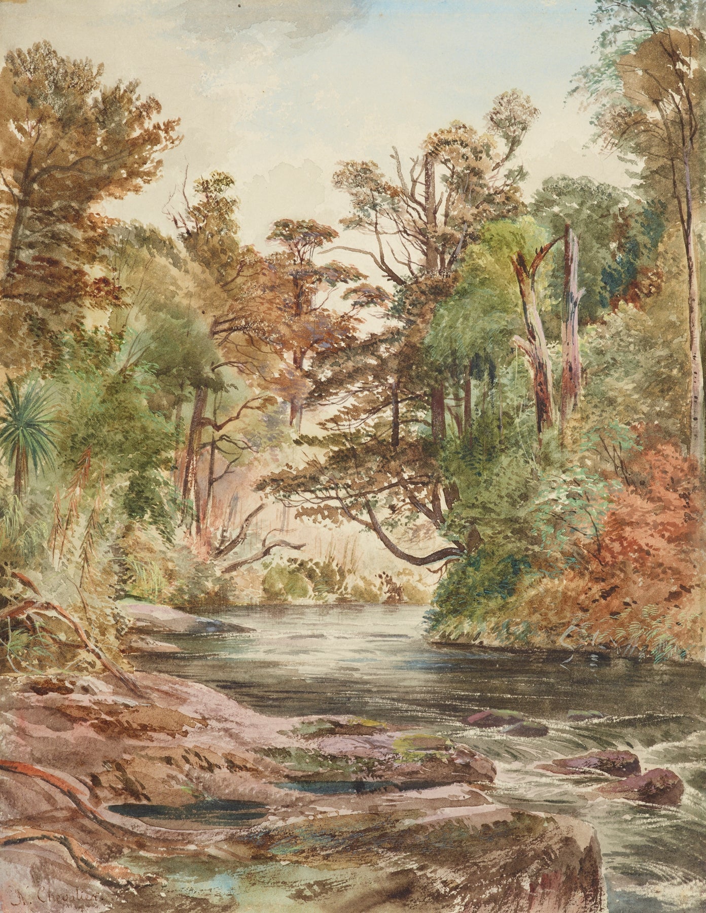 Landscape Oil Painting - Forest River with Ferns and Rocks - Oil Painting Haven