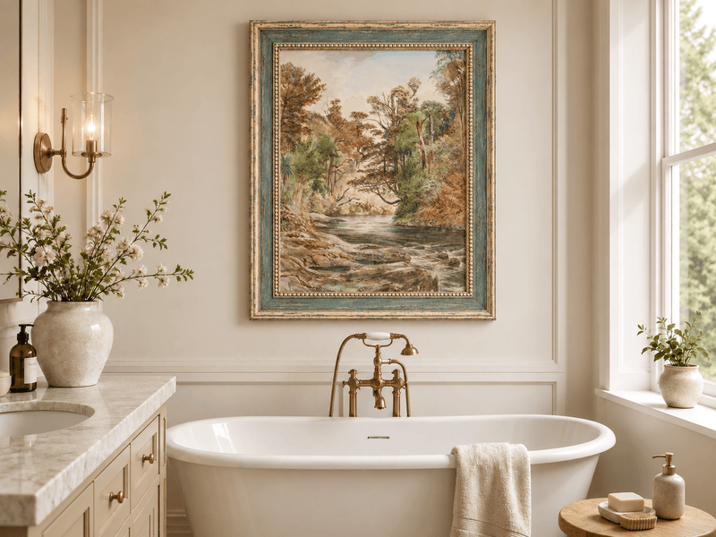 Landscape Oil Painting - Forest River with Ferns and Rocks