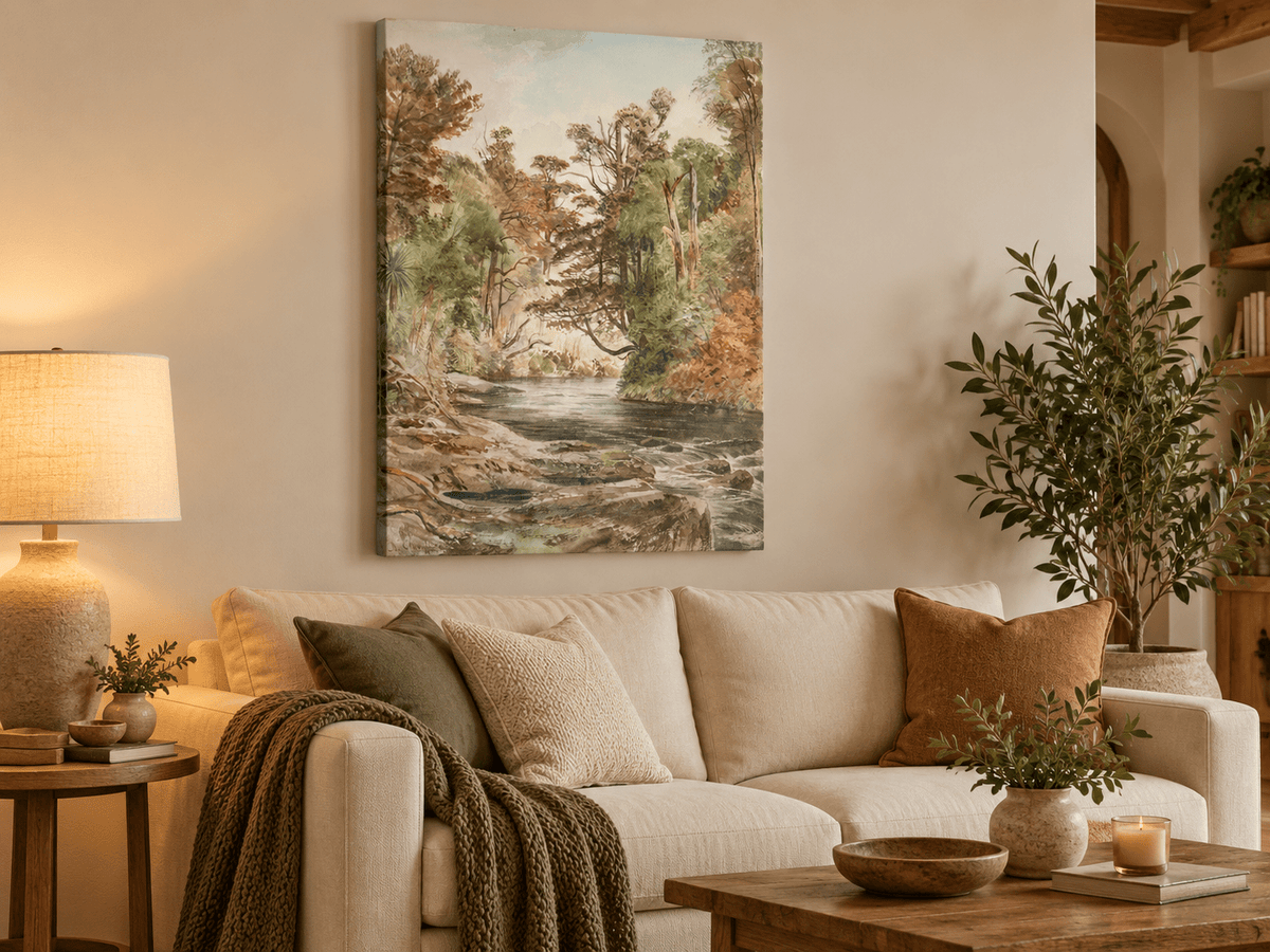 Landscape Oil Painting - Forest River with Ferns and Rocks