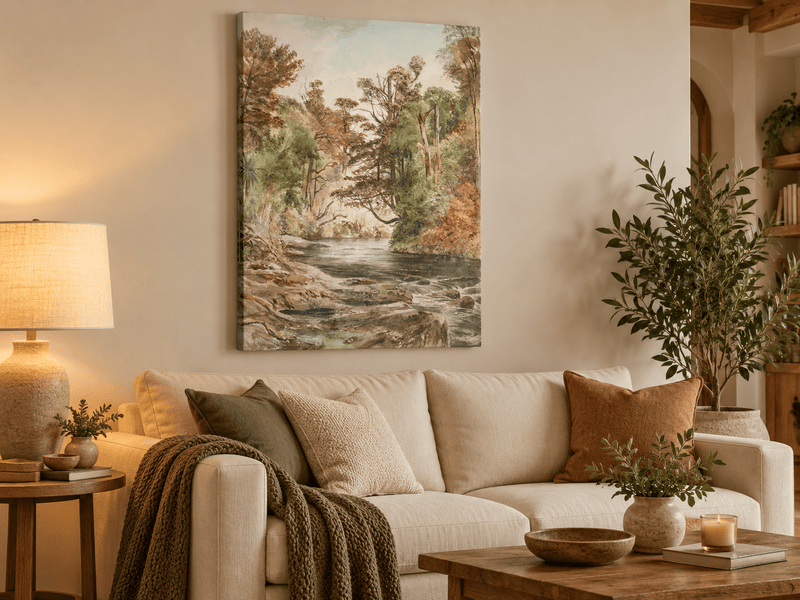 Landscape Oil Painting - Forest River with Ferns and Rocks