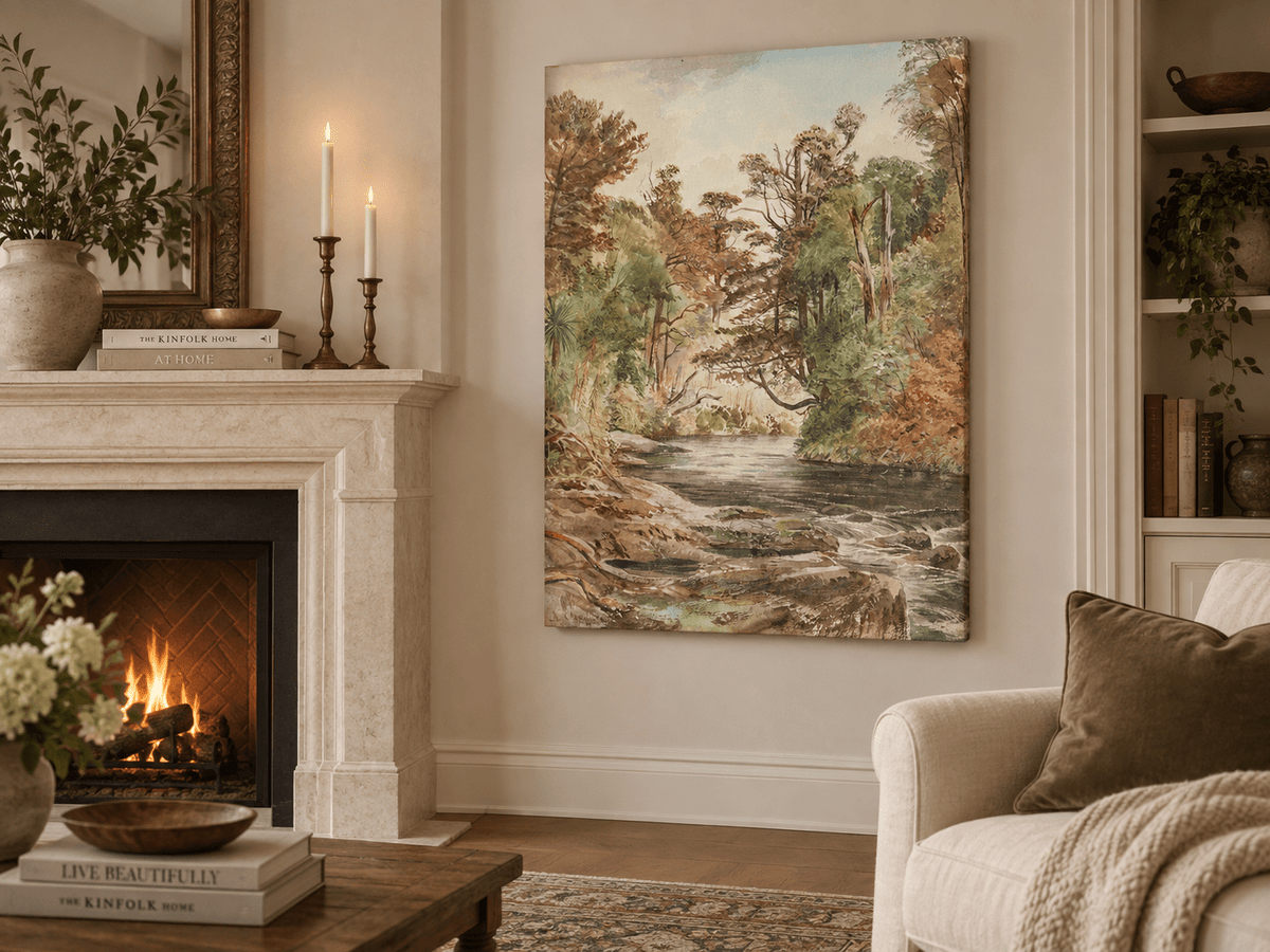Landscape Oil Painting - Forest River with Ferns and Rocks