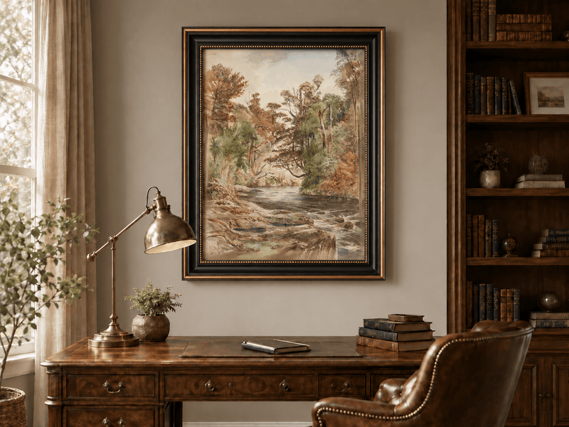 Landscape Oil Painting - Forest River with Ferns and Rocks