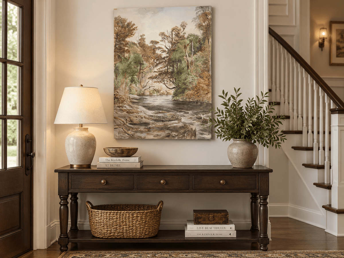 Landscape Oil Painting - Forest River with Ferns and Rocks