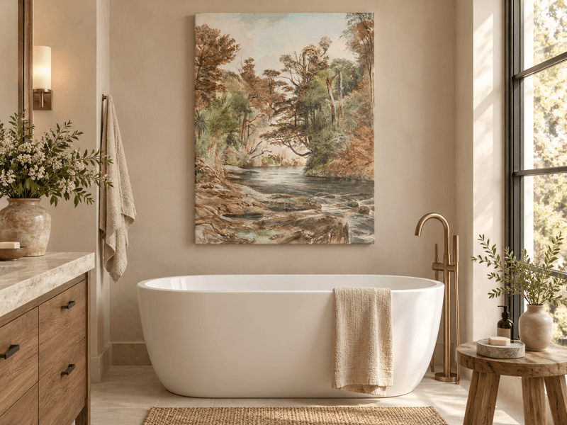 Landscape Oil Painting - Forest River with Ferns and Rocks
