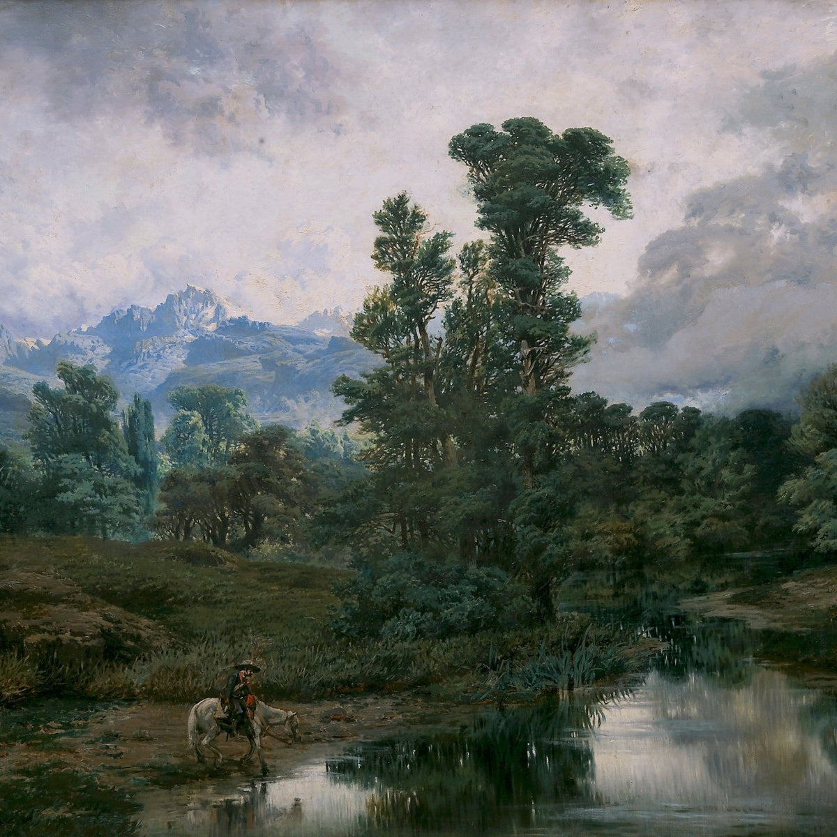 Landscape Oil Painting - Forest River with Rider and Mountains - Oil Painting Haven