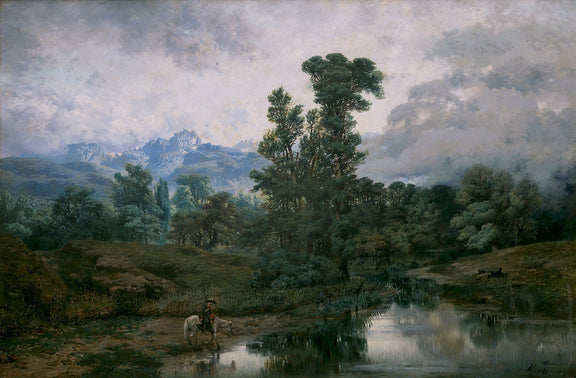 Landscape Oil Painting - Forest River with Rider and Mountains - Oil Painting Haven