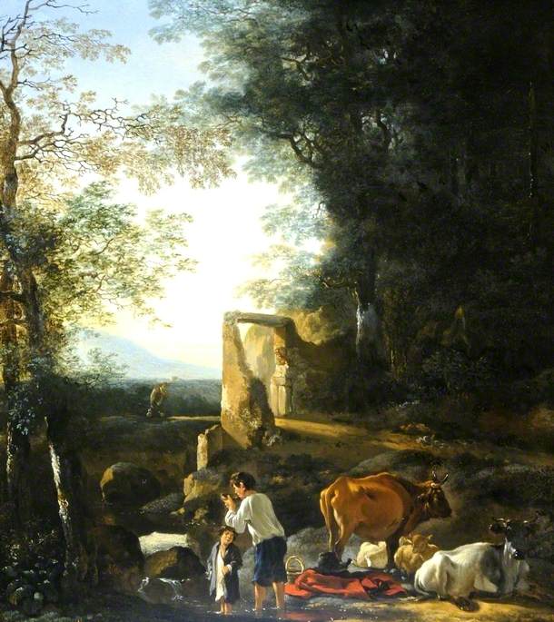 Landscape Oil Painting - Forest Ruins with Cows and Figures - Oil Painting Haven