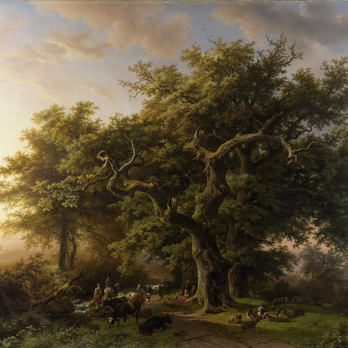 Hand painted landscape oil painting of a forest scene with cattle and shepherd beneath textured large oak trees, oil on. - Add Frame, Animal, Canvas, Country, Farm, Forest, Hand Painted, Landscape, Made To Order, Oil Painting
