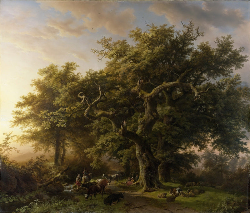 Hand painted landscape oil painting of a forest scene with cattle and shepherd beneath textured large oak trees, oil on. - Add Frame, Animal, Canvas, Country, Farm, Forest, Hand Painted, Landscape, Made To Order, Oil Painting