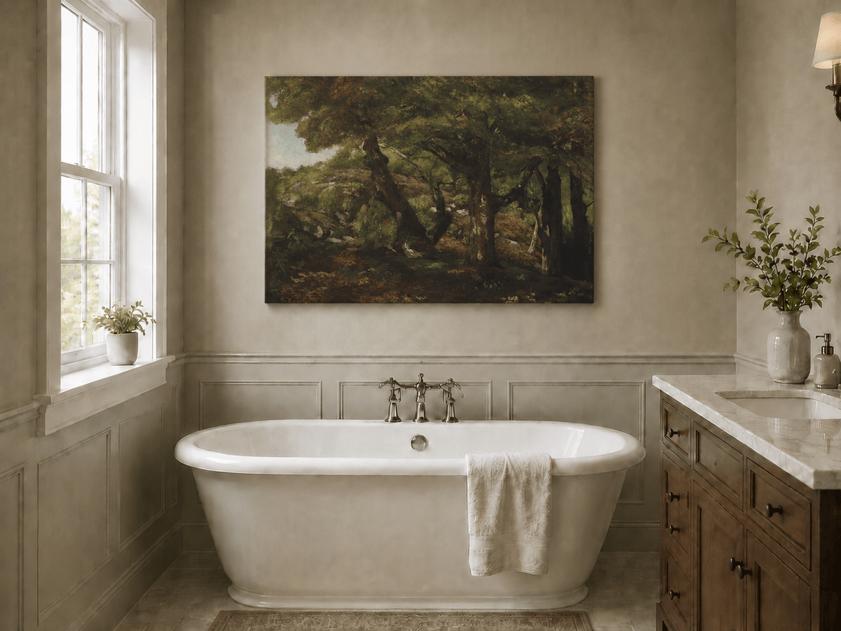 Peinture à l'huile de paysage - Scène de forêt avec de grands arbres