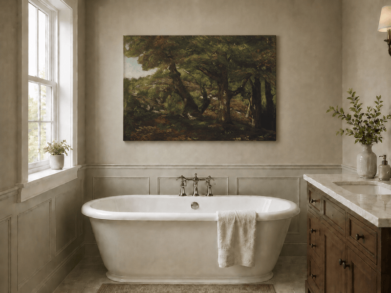 Peinture à l'huile de paysage - Scène de forêt avec de grands arbres