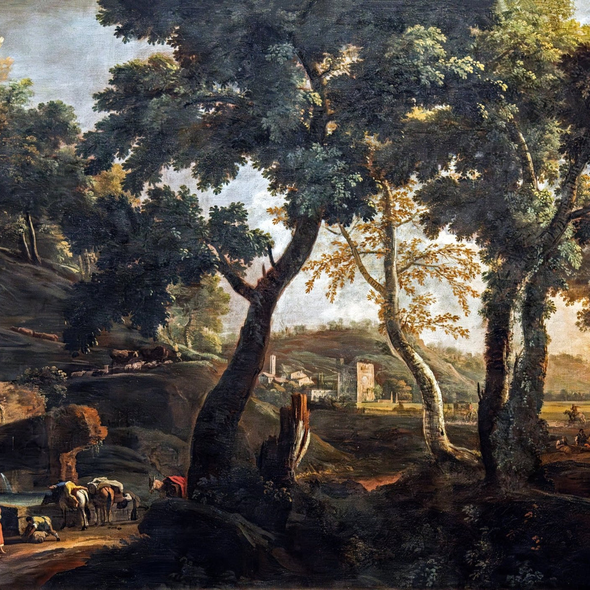 Landscape Oil Painting - Forest Spring with Horses by the Trough - Oil Painting Haven