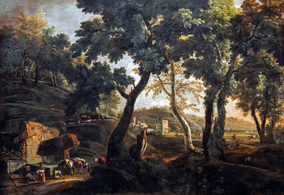 Landscape Oil Painting - Forest Spring with Horses by the Trough - Oil Painting Haven