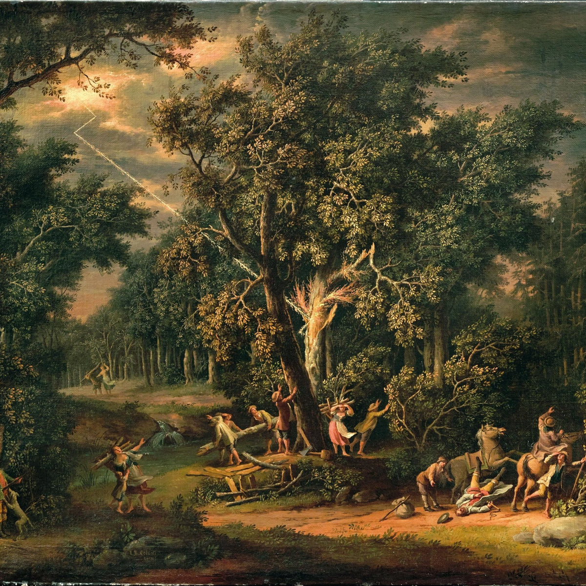 Landscape Oil Painting - Forest Storm with Figures and Struck Tree - Oil Painting Haven