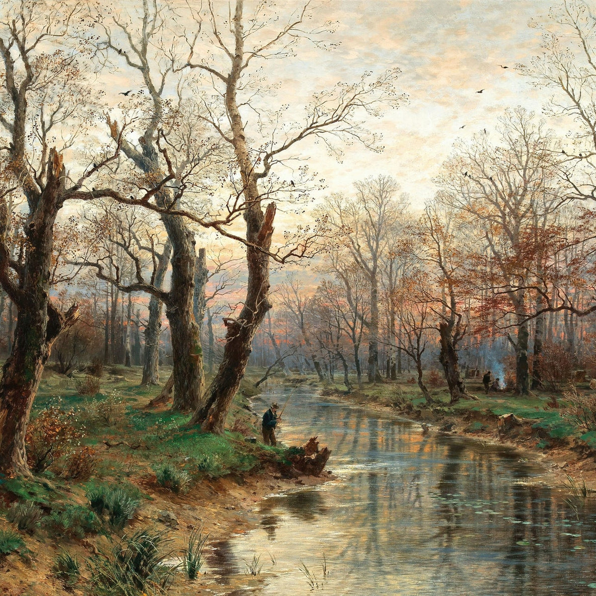 Hand-painted forest stream and bare trees at dusk landscape oil painting on canvas