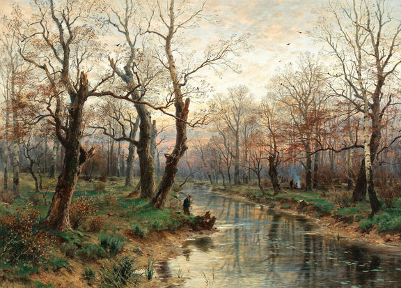 Hand-painted forest stream and bare trees at dusk landscape oil painting on canvas