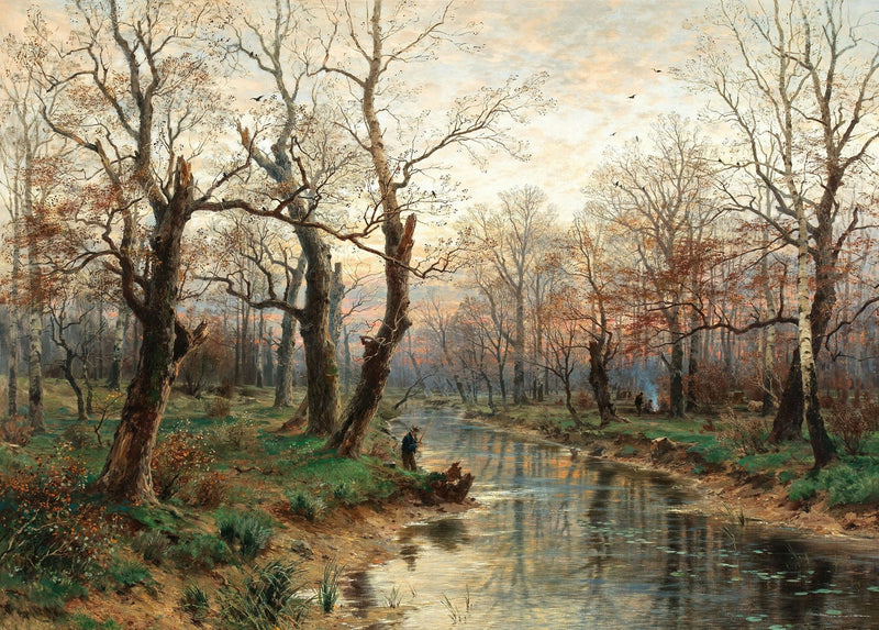 Hand-painted forest stream and bare trees at dusk landscape oil painting on canvas