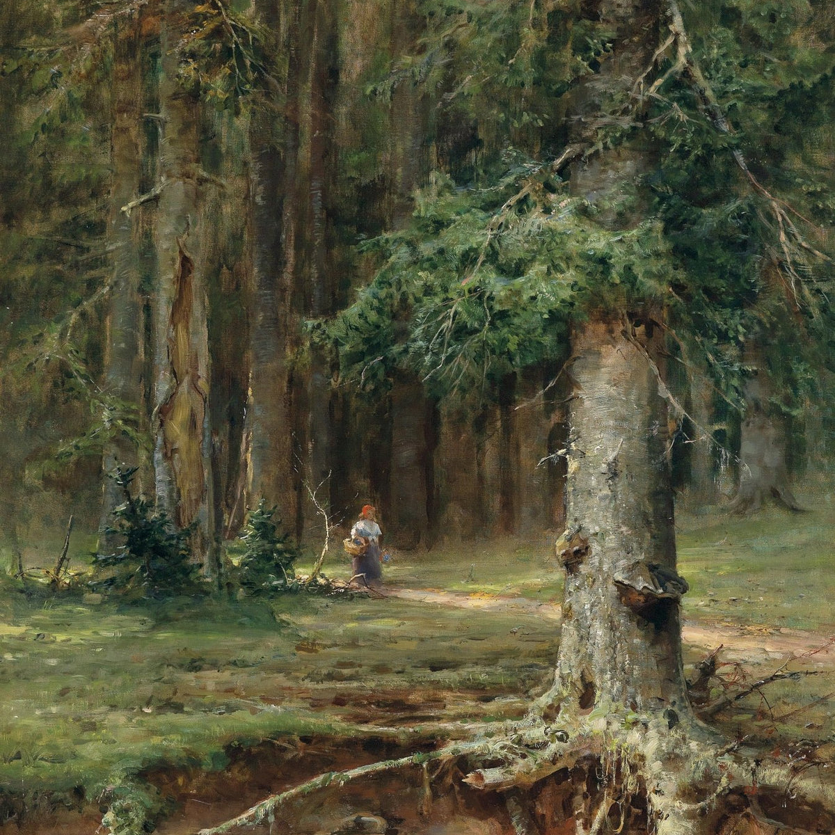 Landscape Oil Painting - Forest Stream Scene: Woman Gathering Blooms - Oil Painting Haven