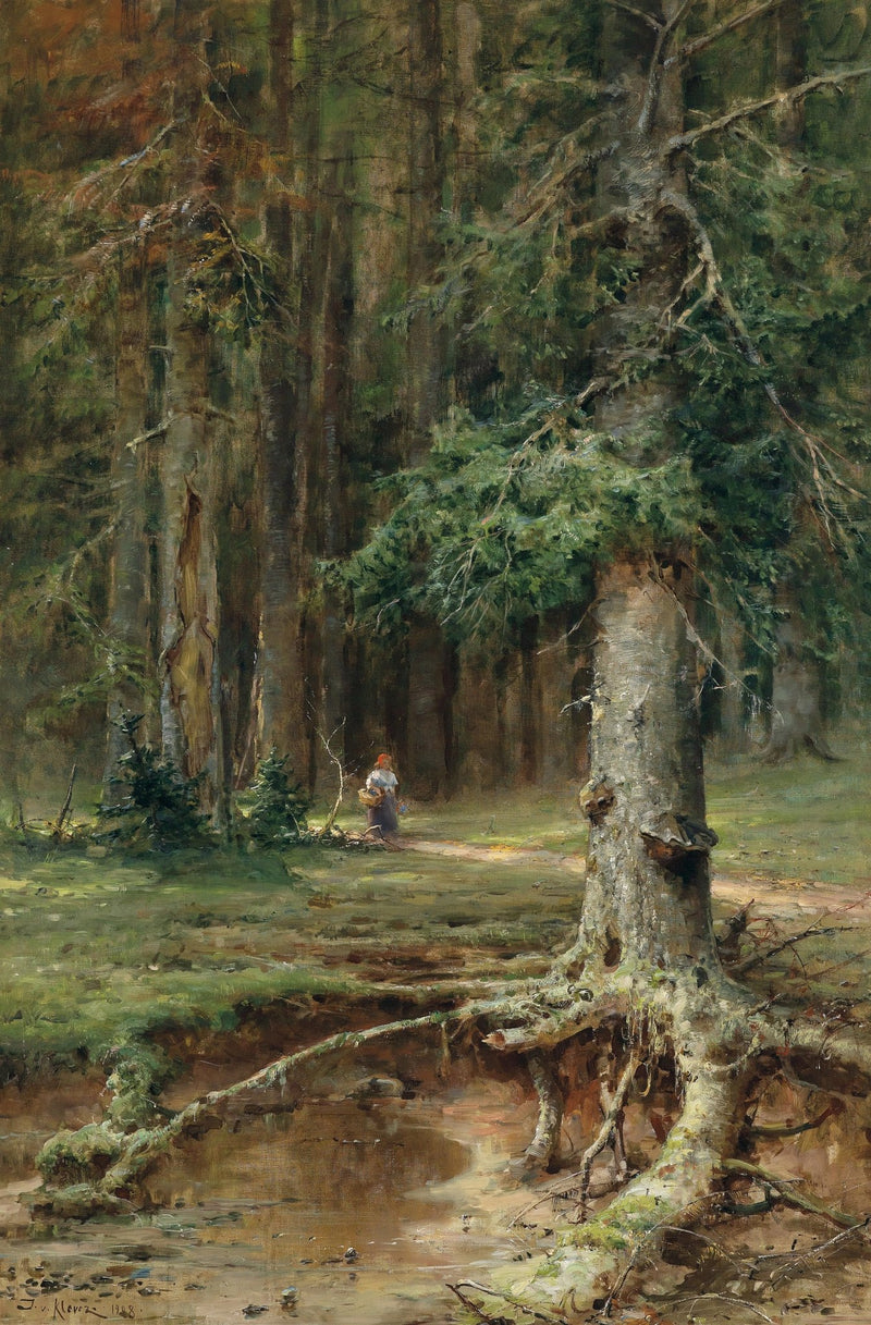 Landscape Oil Painting - Forest Stream Scene: Woman Gathering Blooms - Oil Painting Haven