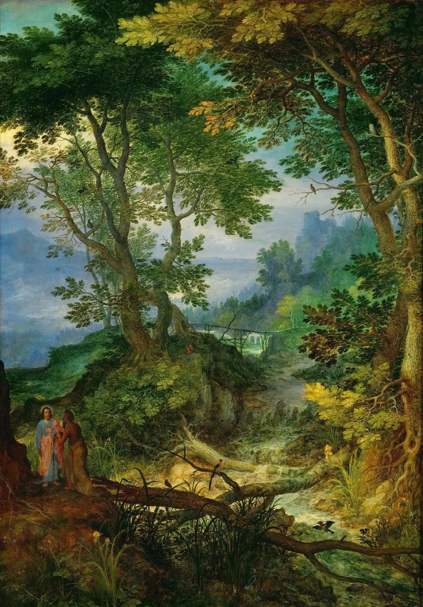 Landscape Oil Painting - Forest Stream with Figures & Castle - Oil Painting Haven