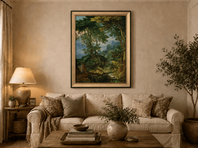Landscape Oil Painting - Forest Stream with Figures & Castle