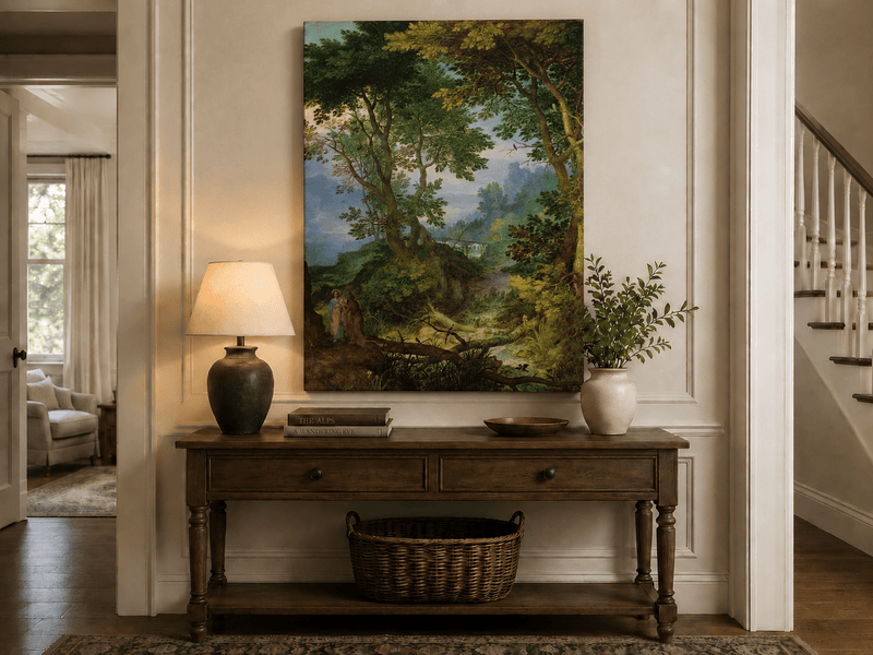 Landscape Oil Painting - Forest Stream with Figures & Castle