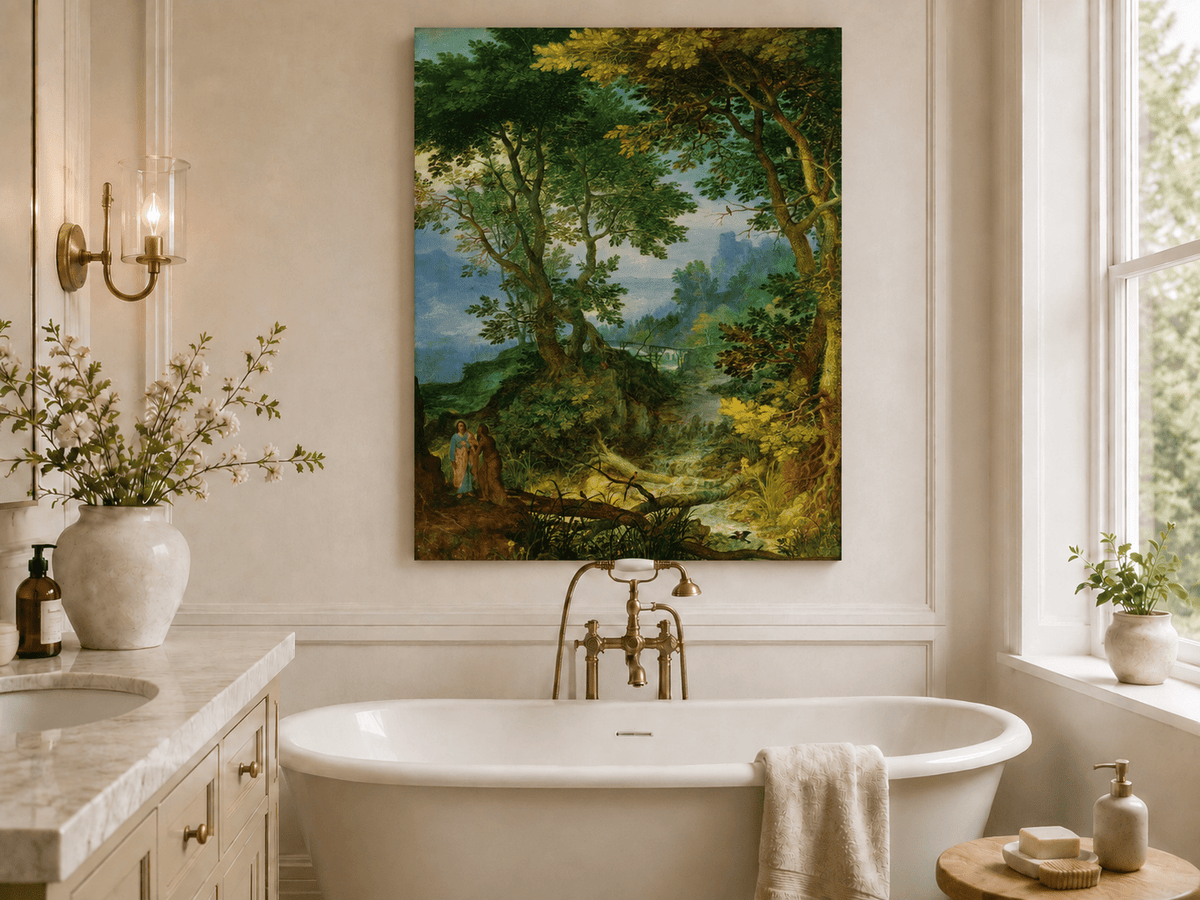 Landscape Oil Painting - Forest Stream with Figures & Castle