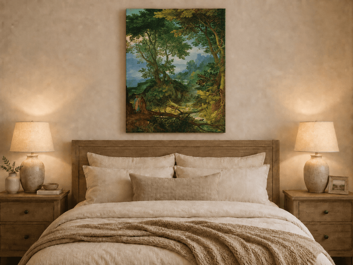Landscape Oil Painting - Forest Stream with Figures & Castle