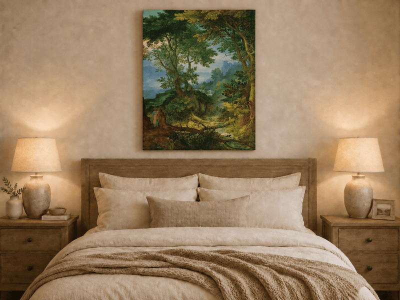 Landscape Oil Painting - Forest Stream with Figures & Castle