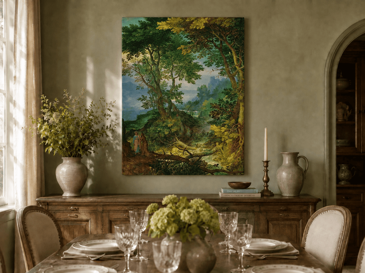 Landscape Oil Painting - Forest Stream with Figures & Castle