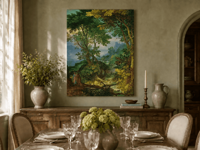 Landscape Oil Painting - Forest Stream with Figures & Castle