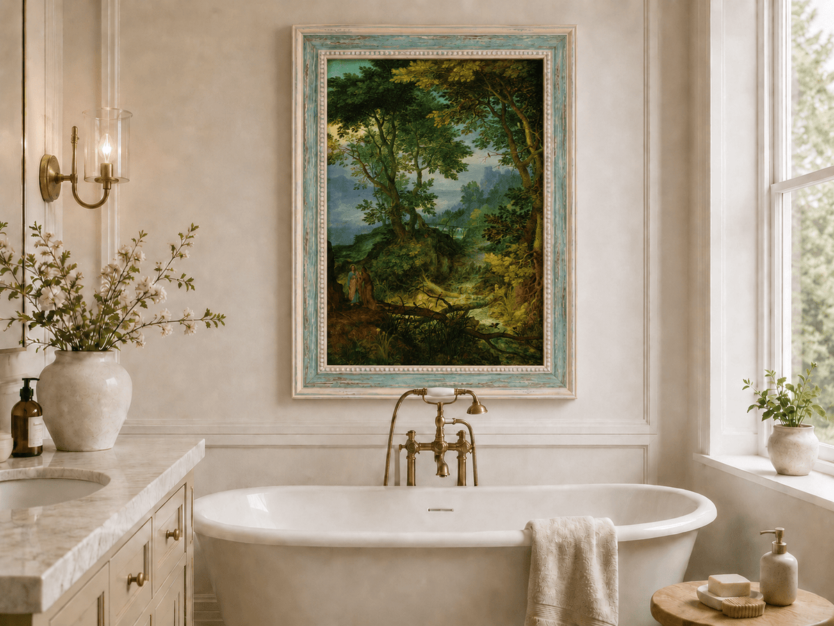 Landscape Oil Painting - Forest Stream with Figures & Castle