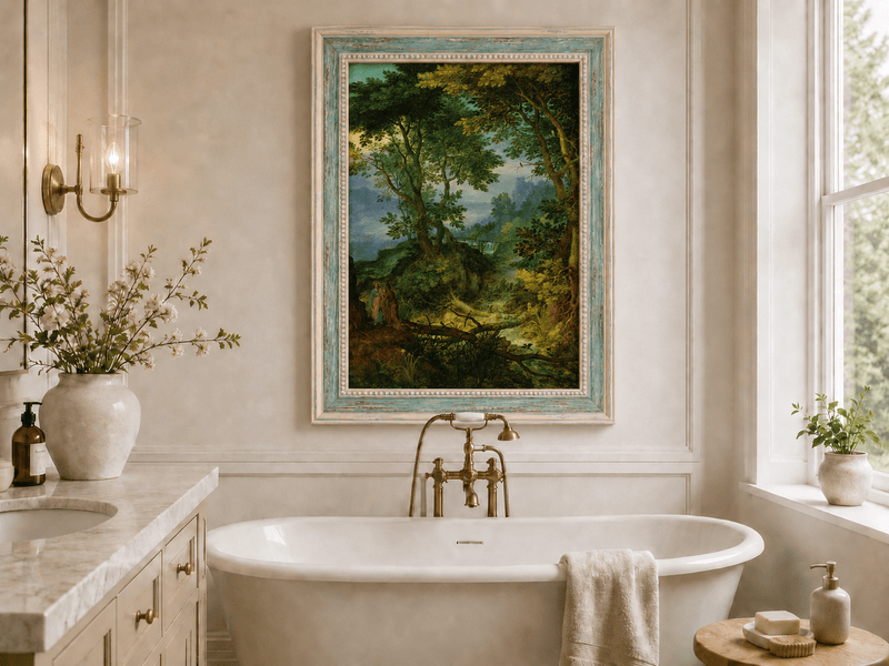 Landscape Oil Painting - Forest Stream with Figures & Castle