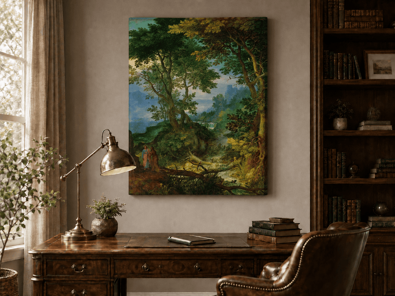 Landscape Oil Painting - Forest Stream with Figures & Castle