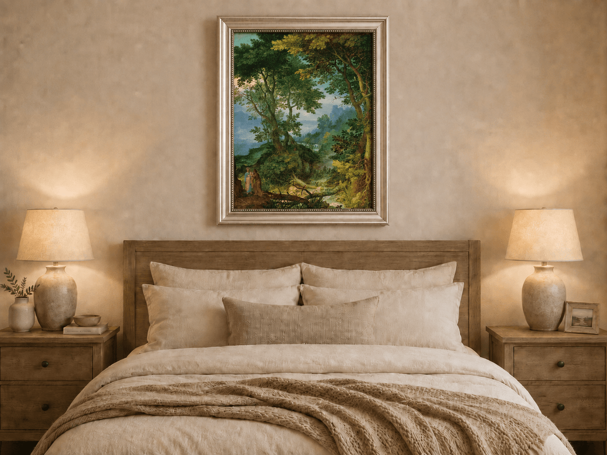 Landscape Oil Painting - Forest Stream with Figures & Castle