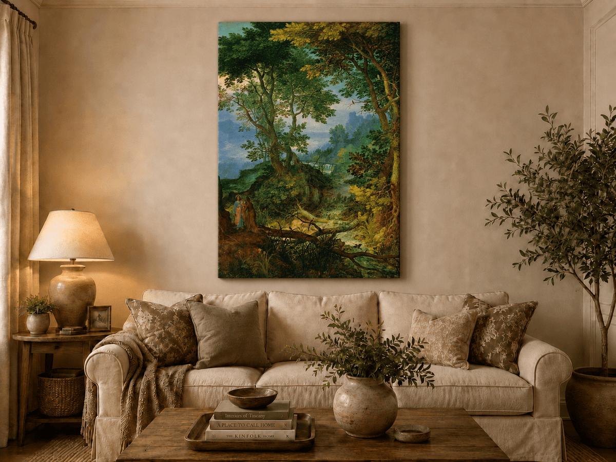 Landscape Oil Painting - Forest Stream with Figures & Castle