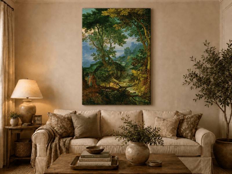 Landscape Oil Painting - Forest Stream with Figures & Castle