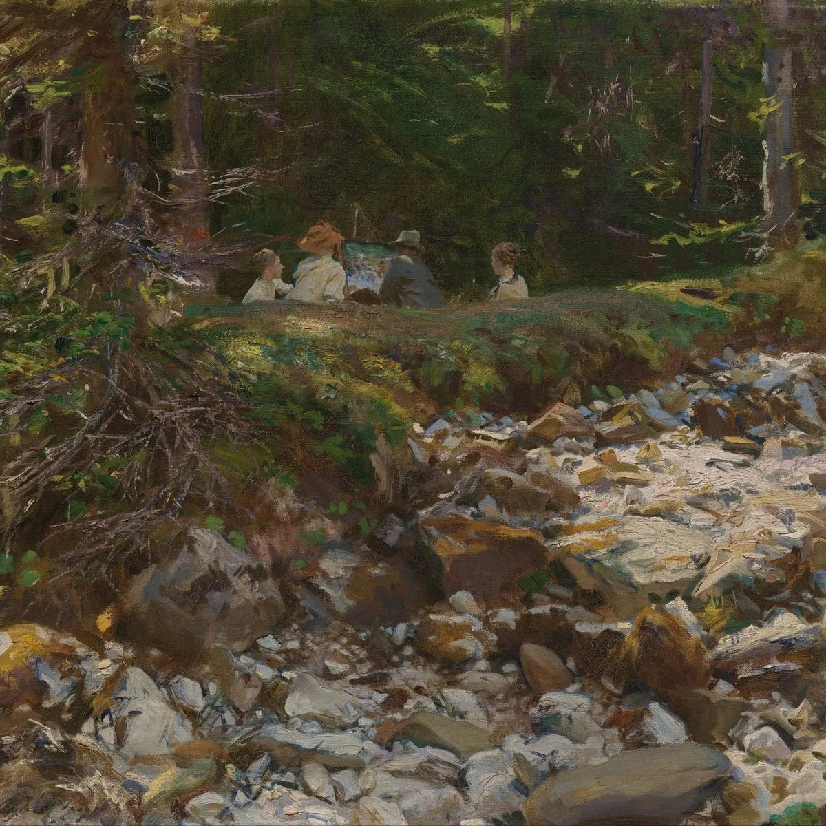 Landscape Oil Painting - Forest Stream with Figures Wall Art - Oil Painting Haven